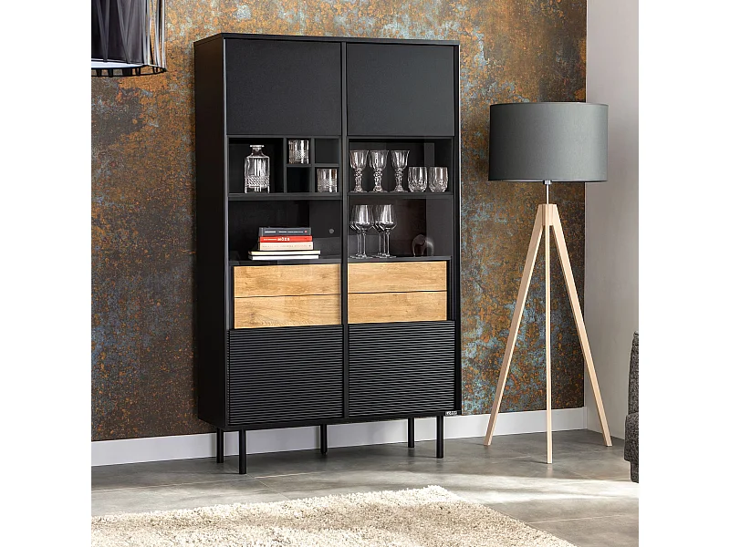 Vitrinenschränk  Weineinlage - schwarz / Eiche natur - LOFTY