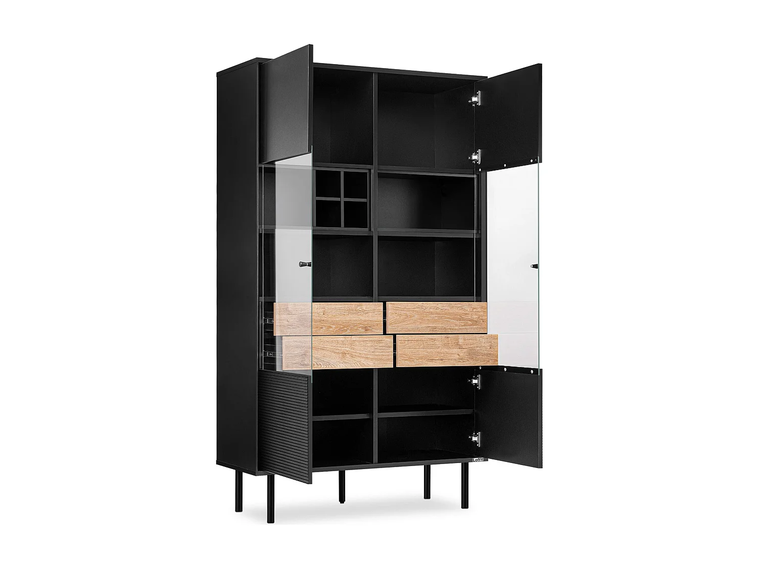 Vitrinenschränk  Weineinlage - schwarz / Eiche natur - LOFTY