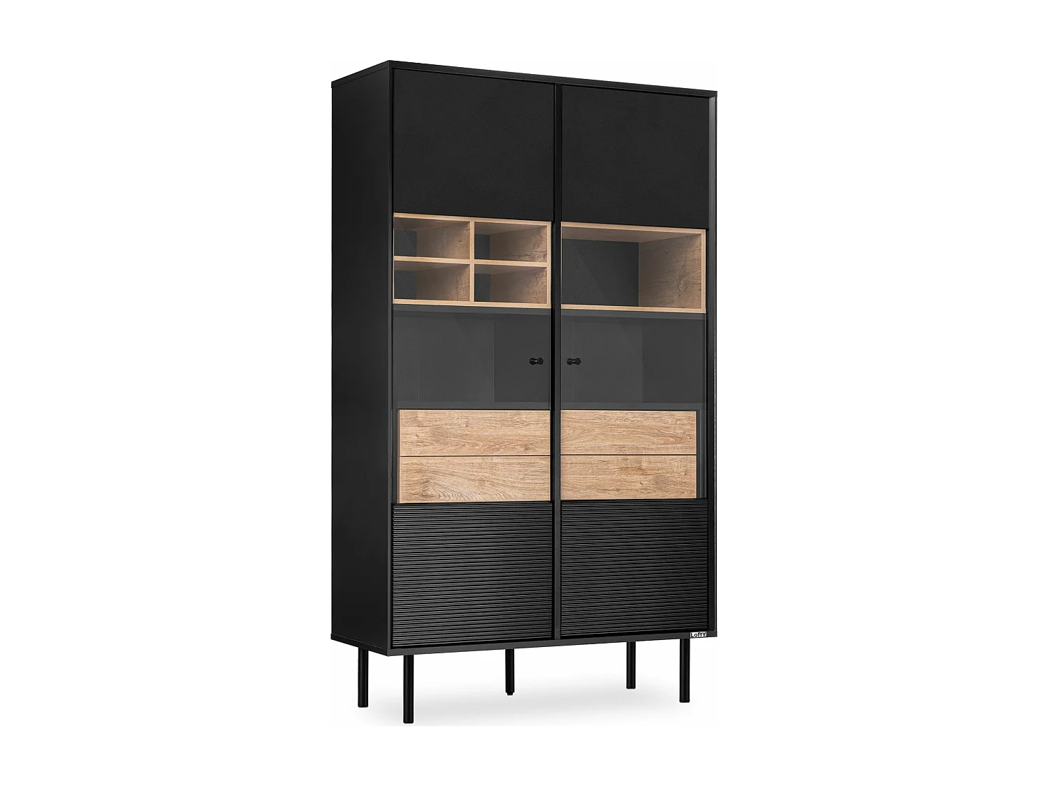 Vitrine  Kreuz/Außenseiteneinlage - schwarz / Eiche natur - LOFTY