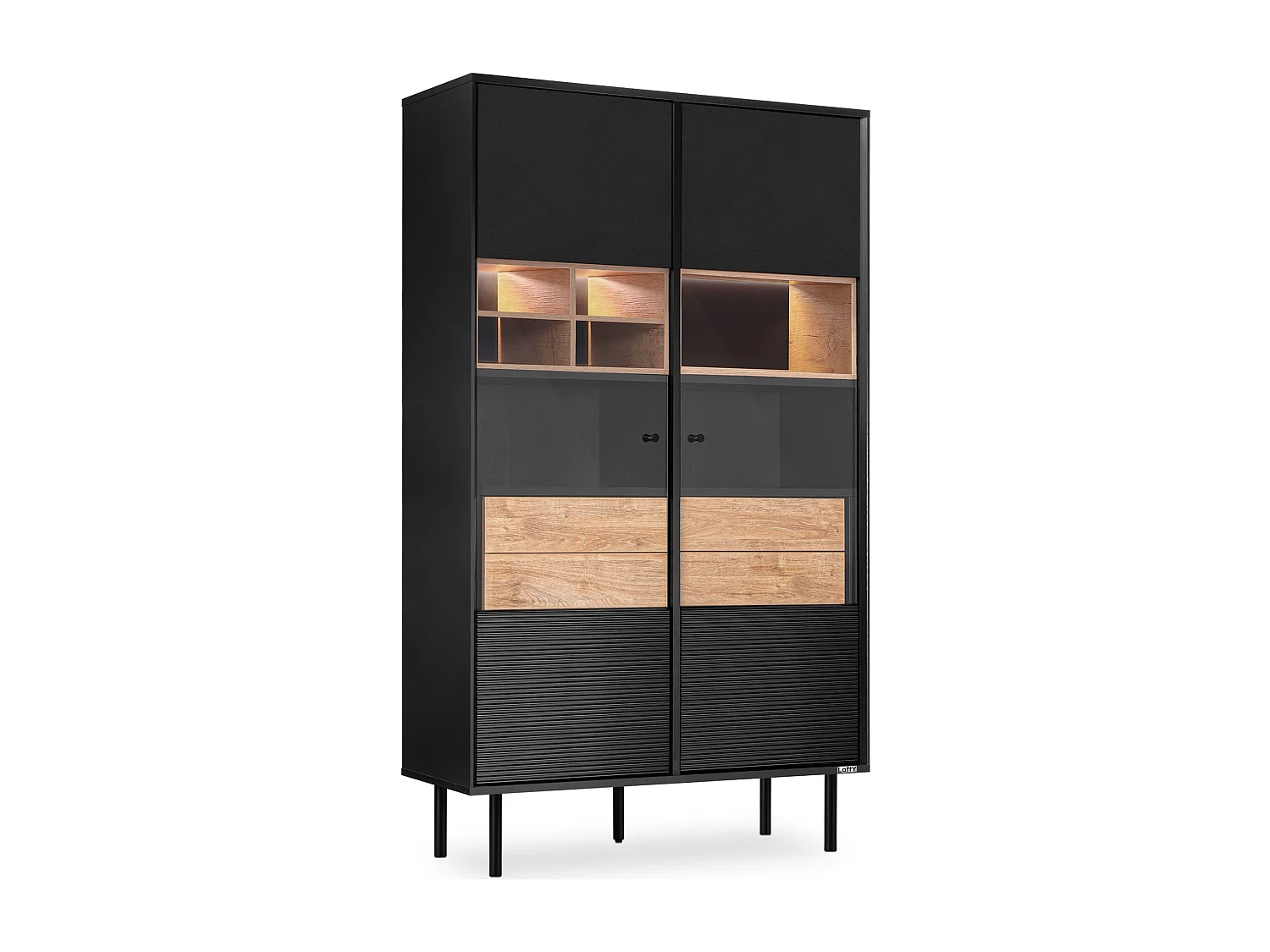 Vitrine  Kreuz/Außenseiteneinlage - schwarz / Eiche natur - LOFTY