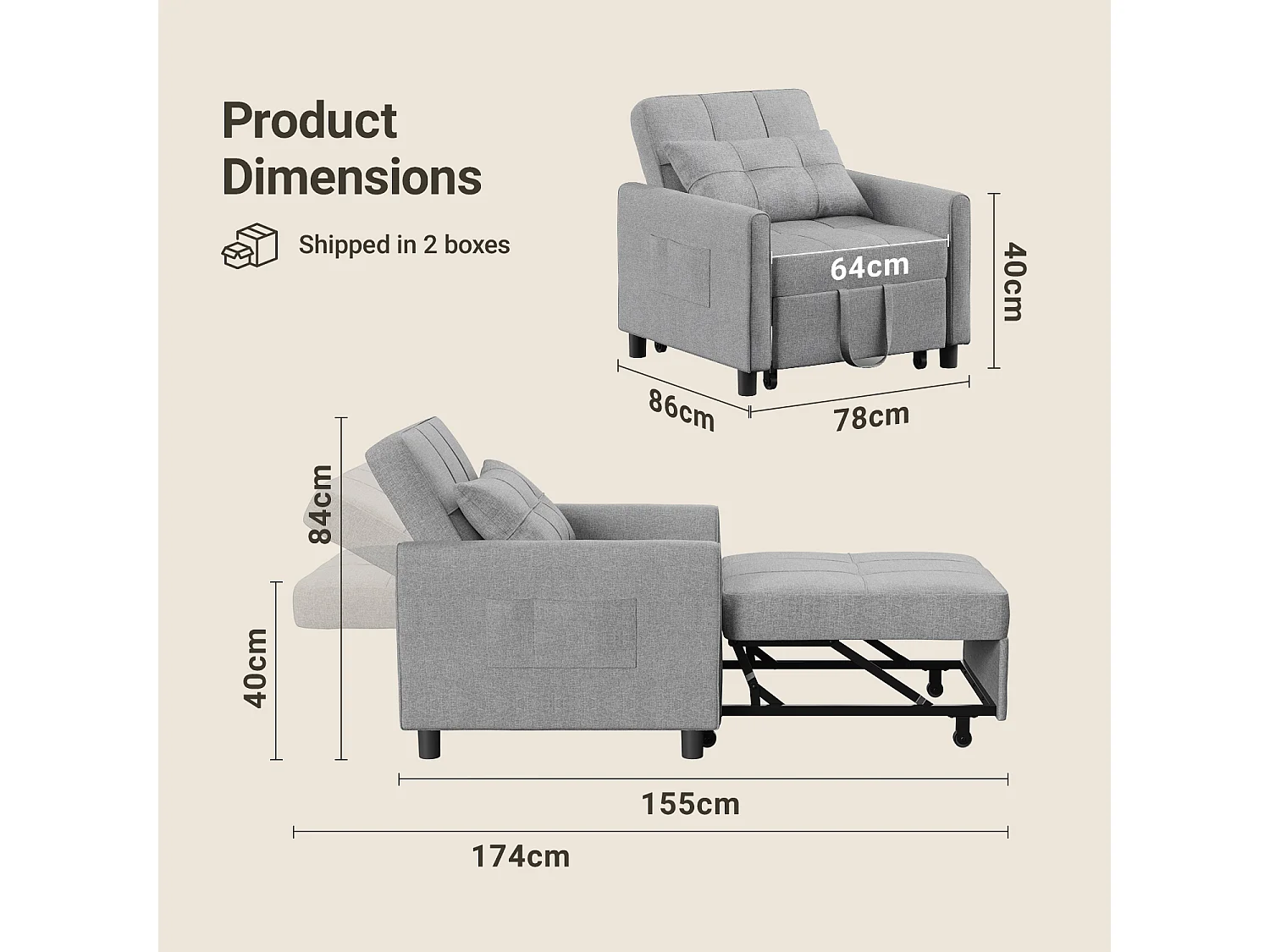 Fauteuil Convertible Bealife Fauteuil Lit Canapé 1 Place Chaise Longue Coussin Réglable Rangement Roues Pliante AR21-G