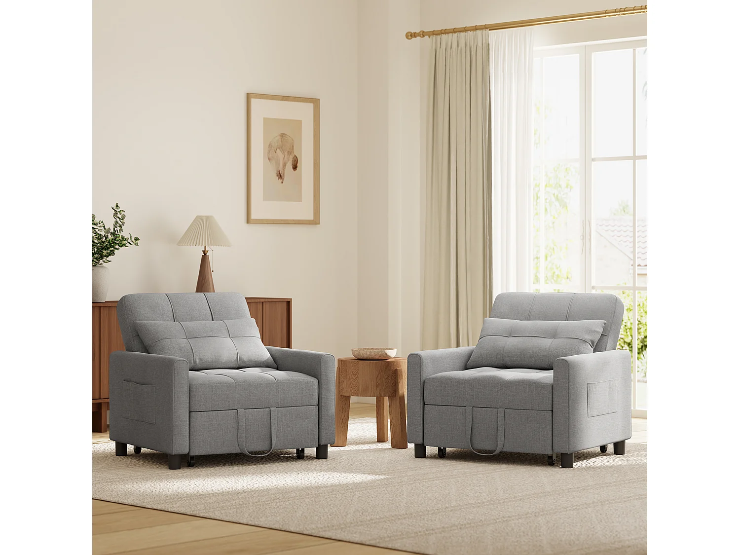 Fauteuil Convertible Bealife Fauteuil Lit Canapé 1 Place Chaise Longue Coussin Réglable Rangement Roues Pliante AR21-G