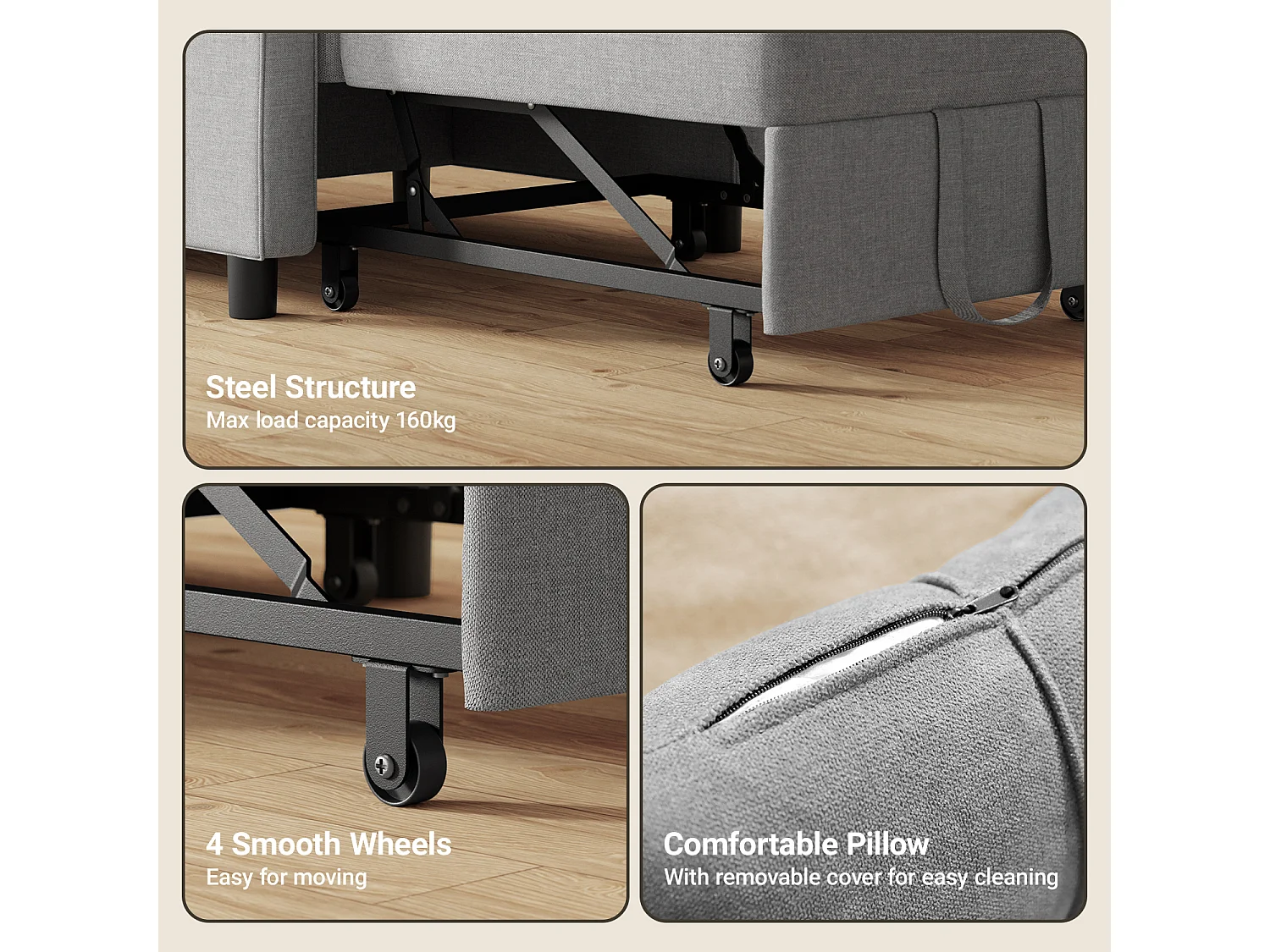 Fauteuil Convertible Bealife Fauteuil Lit Canapé 1 Place Chaise Longue Coussin Réglable Rangement Roues Pliante AR21-G