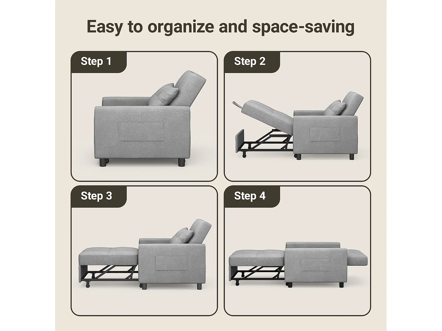 Fauteuil Convertible Bealife Fauteuil Lit Canapé 1 Place Chaise Longue Coussin Réglable Rangement Roues Pliante AR21-G