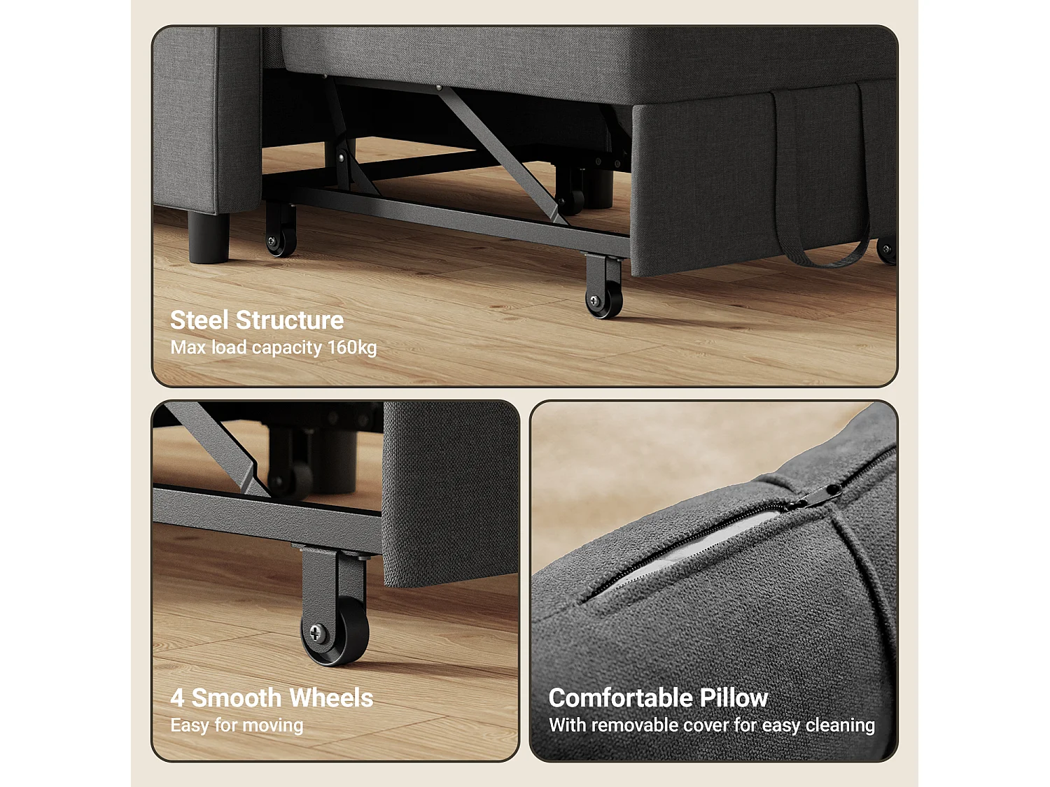 Fauteuil Convertible, Canapé Lit 1 Place Fauteuil Chaise Longue Coussin Réglable Rangement Roues Pliante AR21-D