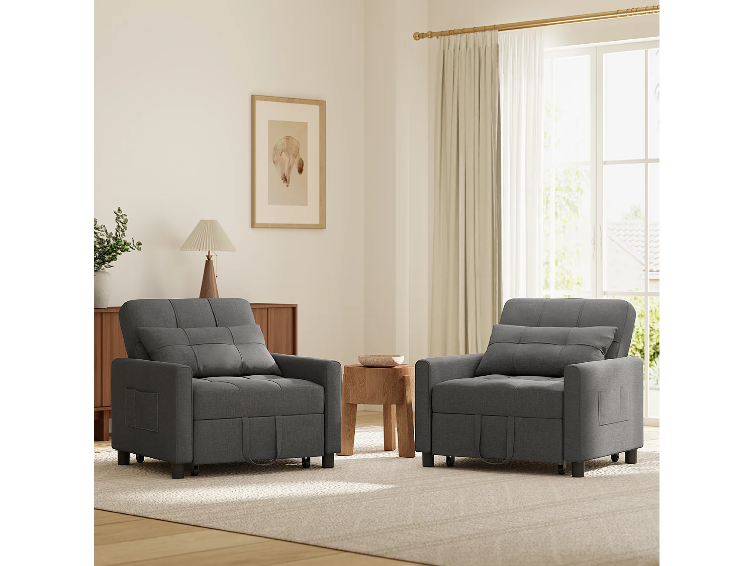 Fauteuil Convertible, Canapé Lit 1 Place Fauteuil Chaise Longue Coussin Réglable Rangement Roues Pliante AR21-D