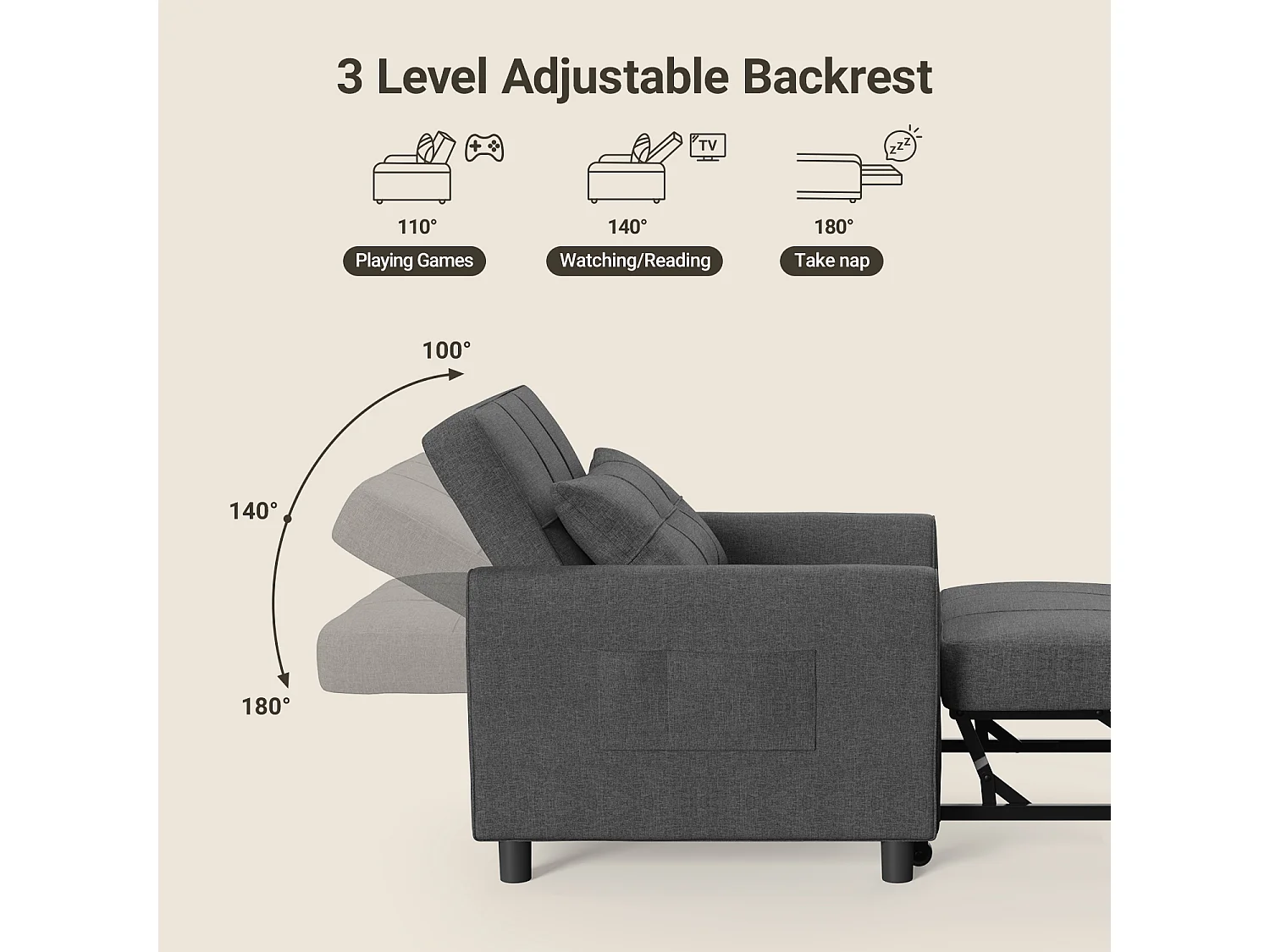 Fauteuil Convertible, Canapé Lit 1 Place Fauteuil Chaise Longue Coussin Réglable Rangement Roues Pliante AR21-D