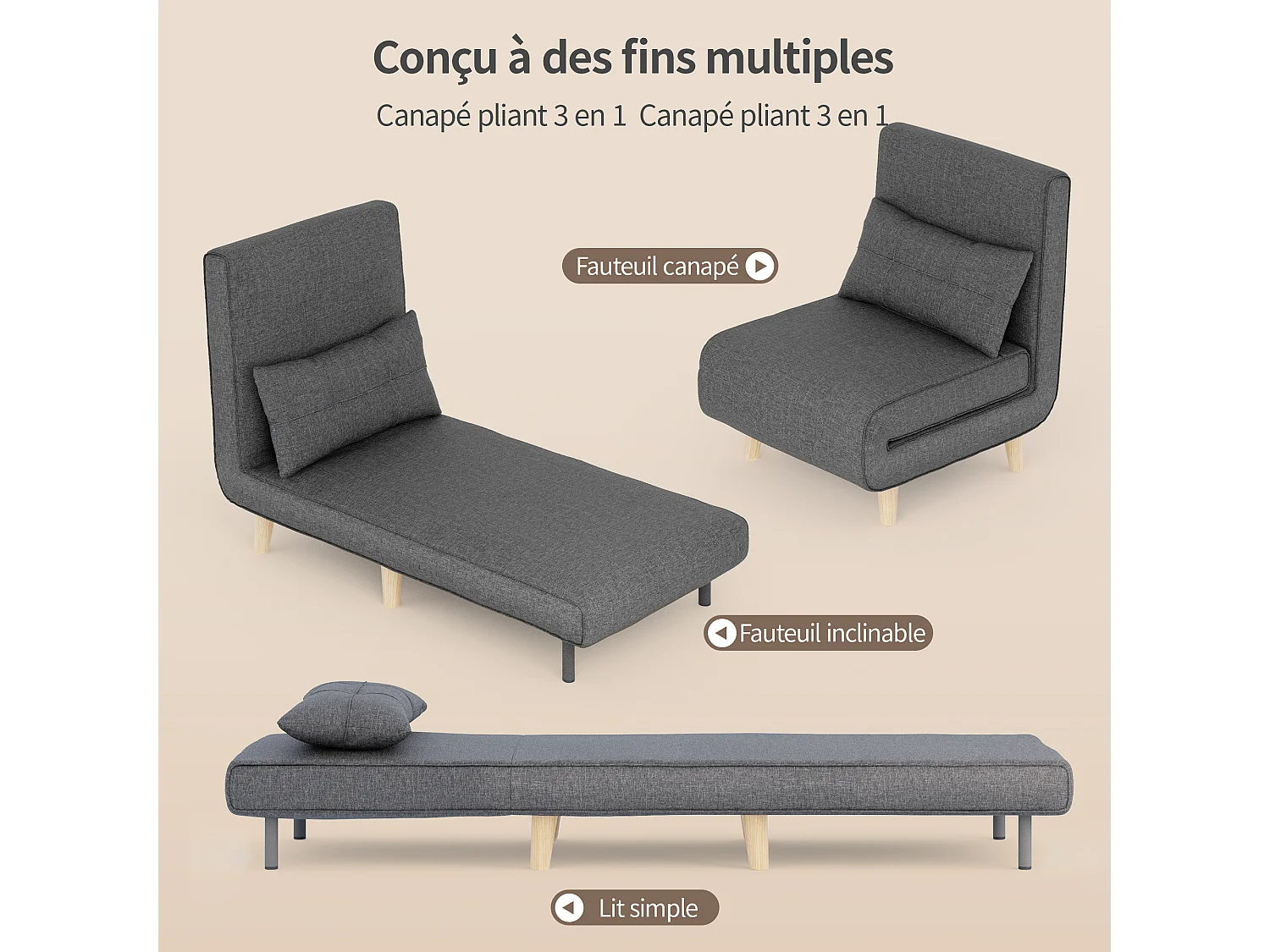 Fauteuil Convertible Bealife Fauteuil Lit Canapé 1 Place Chaise Longue Coussin Réglable Pliante AR50