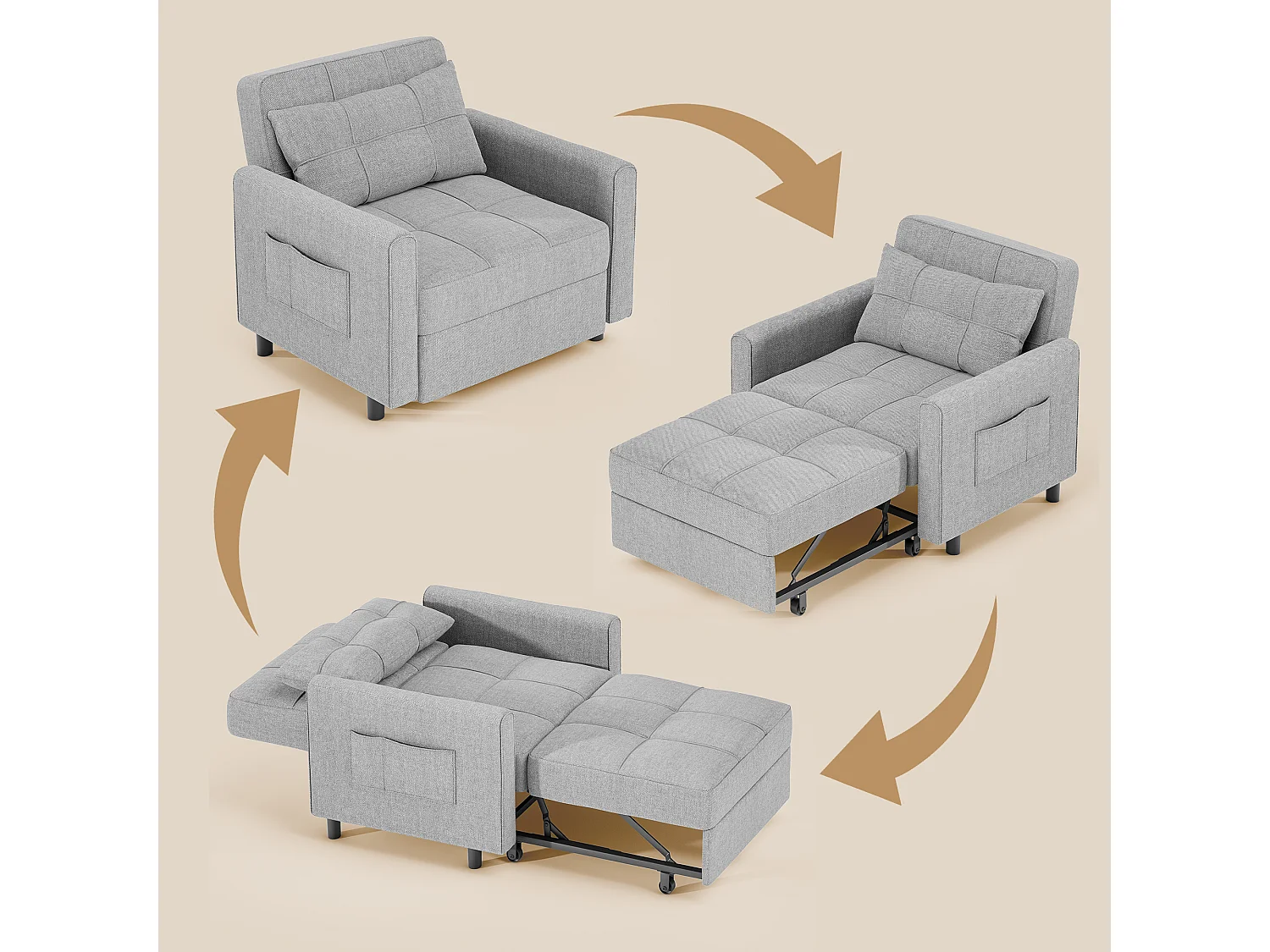 Bealife convertibele bank, 1 - persoons slaapbank, fauteuil, ligstoel, verstelbaar kussen, opbergruimte, wielen, vouwbaar AR22 - G