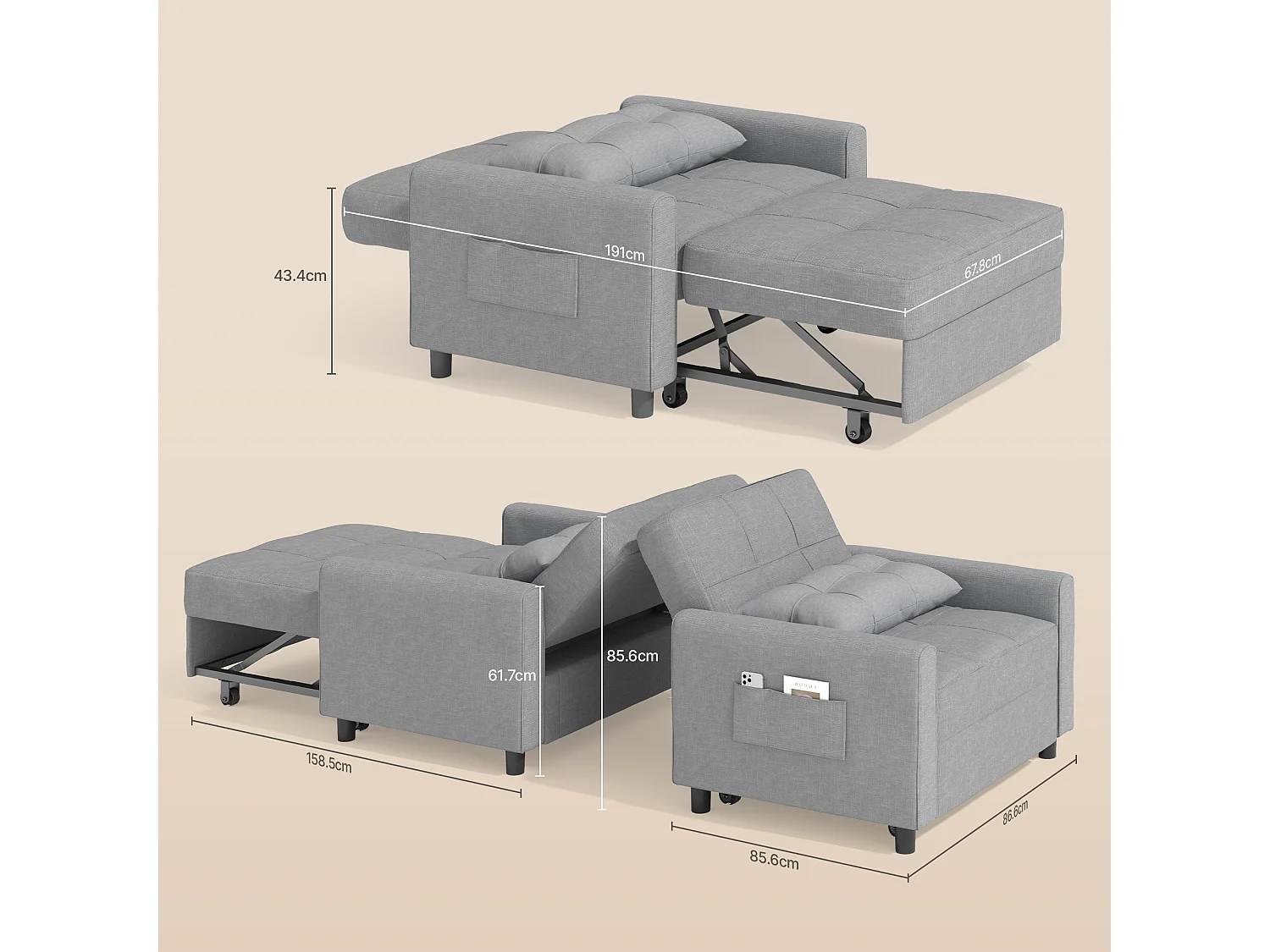 Canape Convertible Canapé Lit 1 Place Fauteuil Chaise Longue Coussin Réglable Rangement Roues Pliante AR22-G