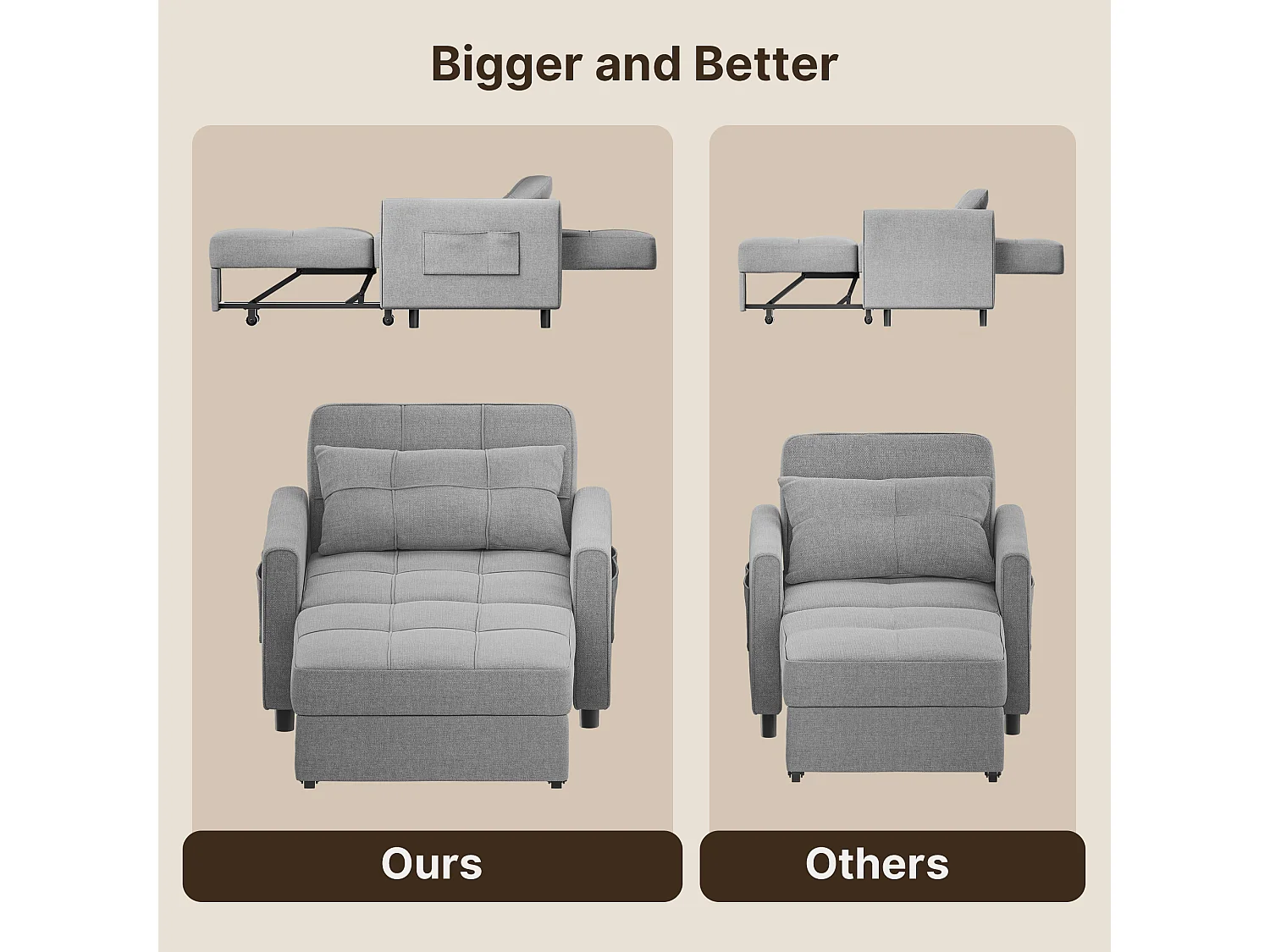 Canape Convertible Canapé Lit 1 Place Fauteuil Chaise Longue Coussin Réglable Rangement Roues Pliante AR22-G