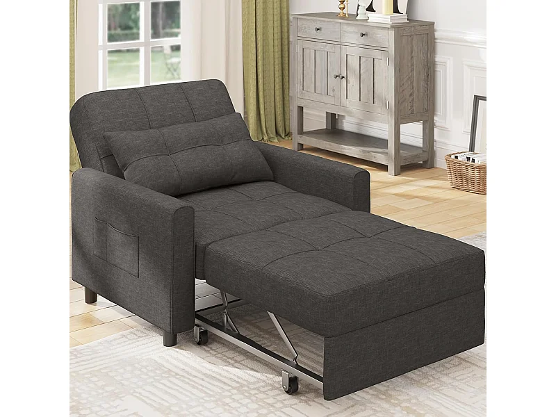 Fauteuil Convertible Bealife Fauteuil Lit Canapé 1 Place Chaise Longue Coussin Réglable Rangement Roues Pliante AR22-D
