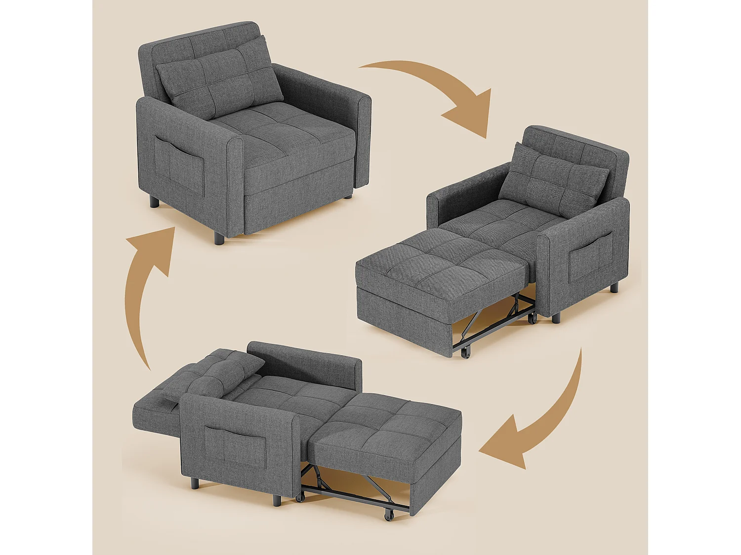 Bealife convertibele fauteuil, 1 - persoons slaapfauteuil, bank, ligstoel, verstelbaar kussen, opbergruimte, wielen, vouwbaar AR22 - D