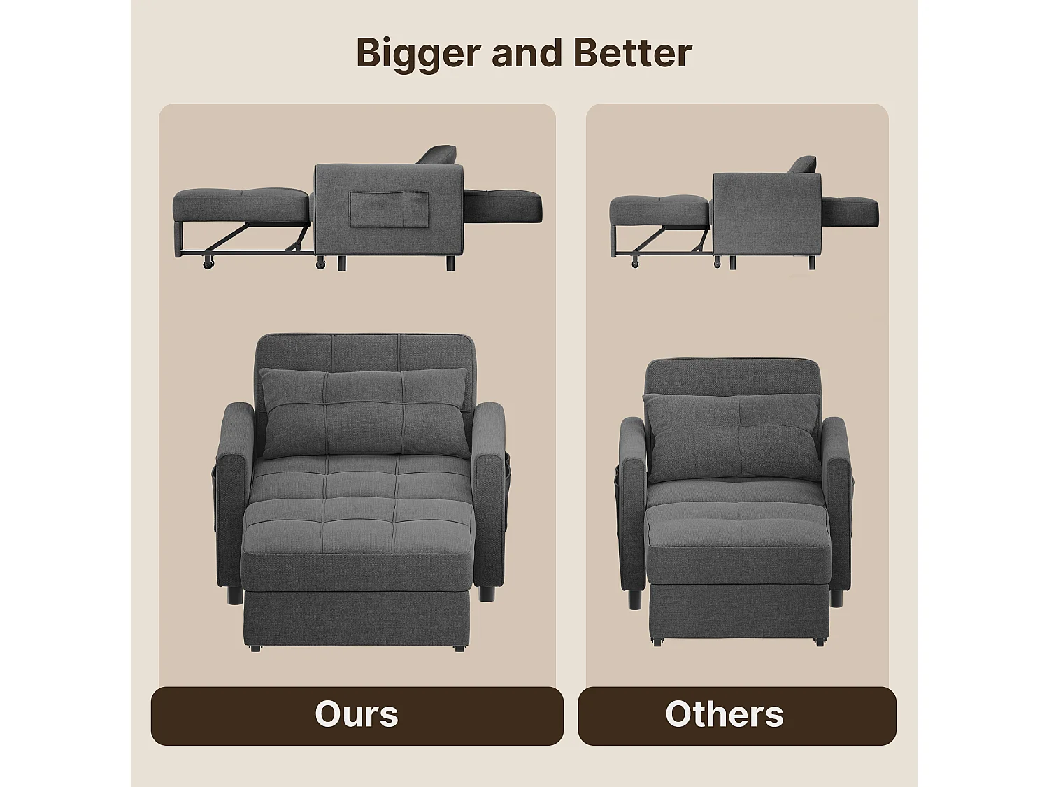 Bealife convertibele fauteuil, 1 - persoons slaapfauteuil, bank, ligstoel, verstelbaar kussen, opbergruimte, wielen, vouwbaar AR22 - D