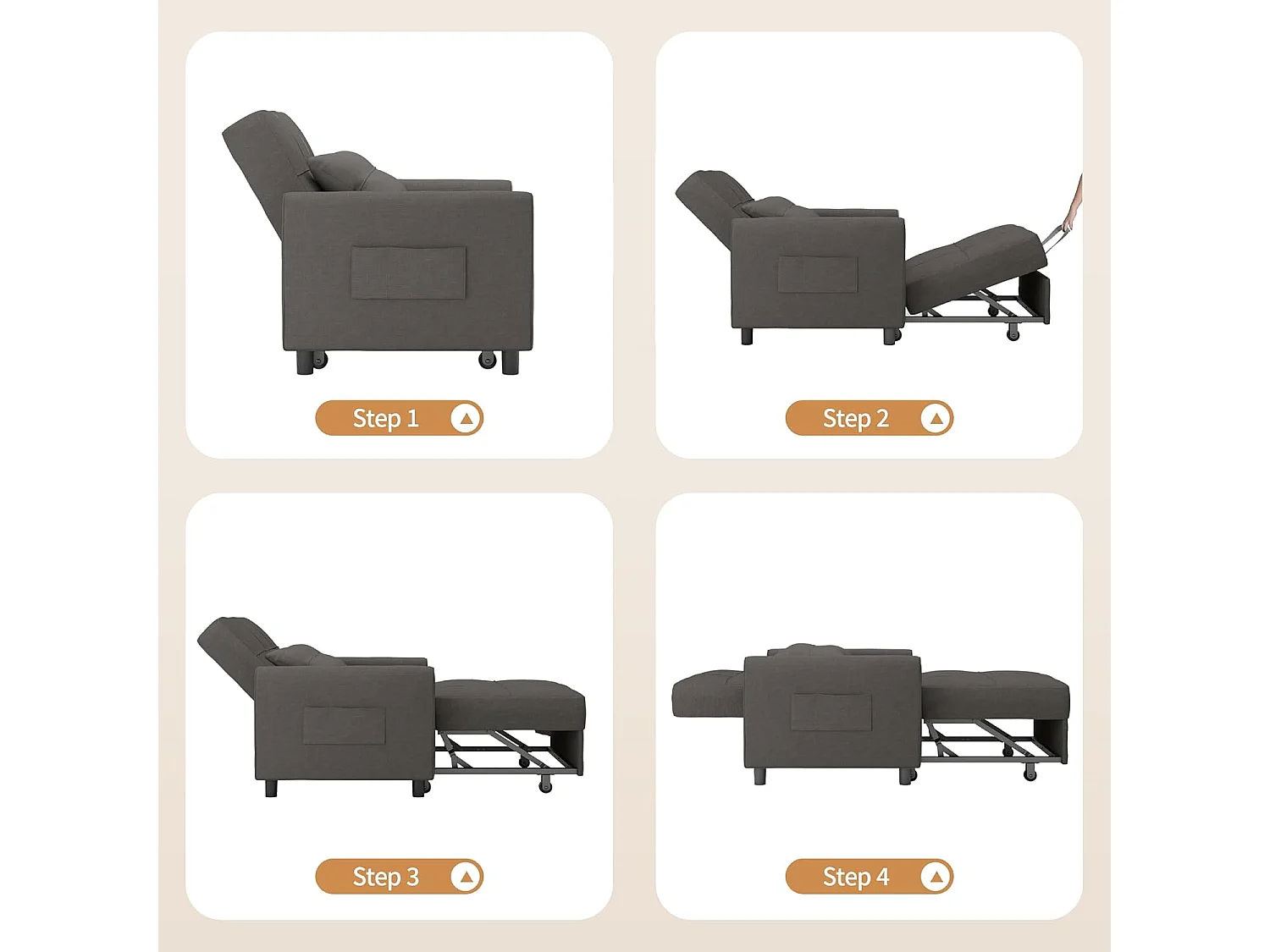 Bealife convertibele fauteuil, 1 - persoons slaapfauteuil, bank, ligstoel, verstelbaar kussen, opbergruimte, wielen, vouwbaar AR22 - D