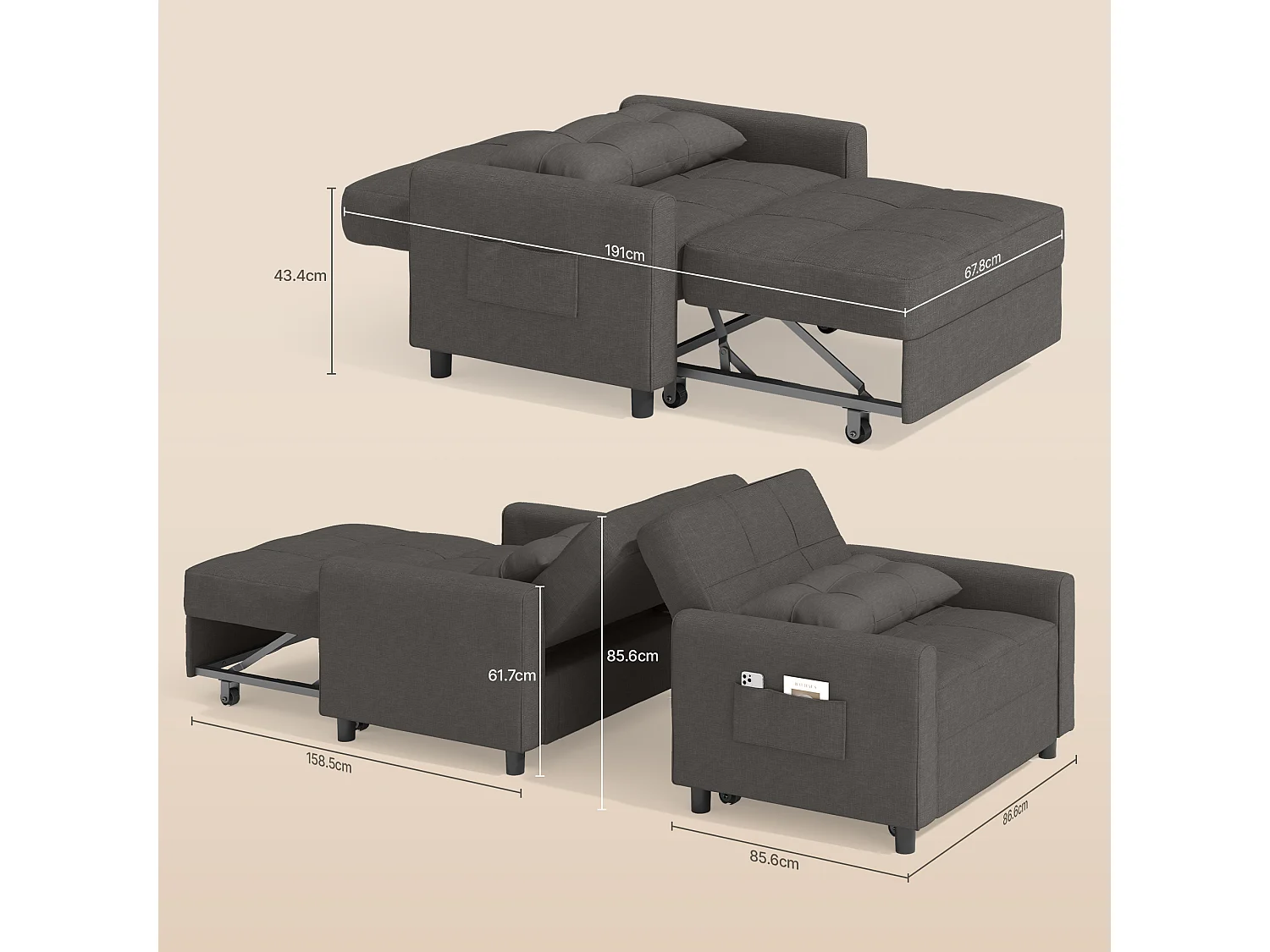 Bealife convertibele fauteuil, 1 - persoons slaapfauteuil, bank, ligstoel, verstelbaar kussen, opbergruimte, wielen, vouwbaar AR22 - D