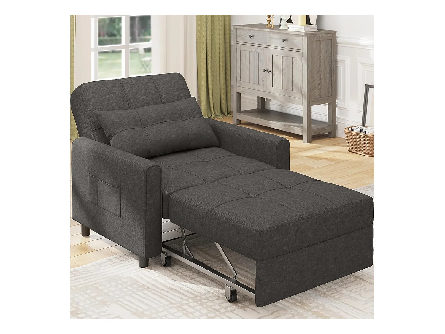 Fauteuil Convertible Bealife Fauteuil Lit Canapé 1 Place Chaise Longue Coussin Réglable Rangement Roues Pliante AR22-D