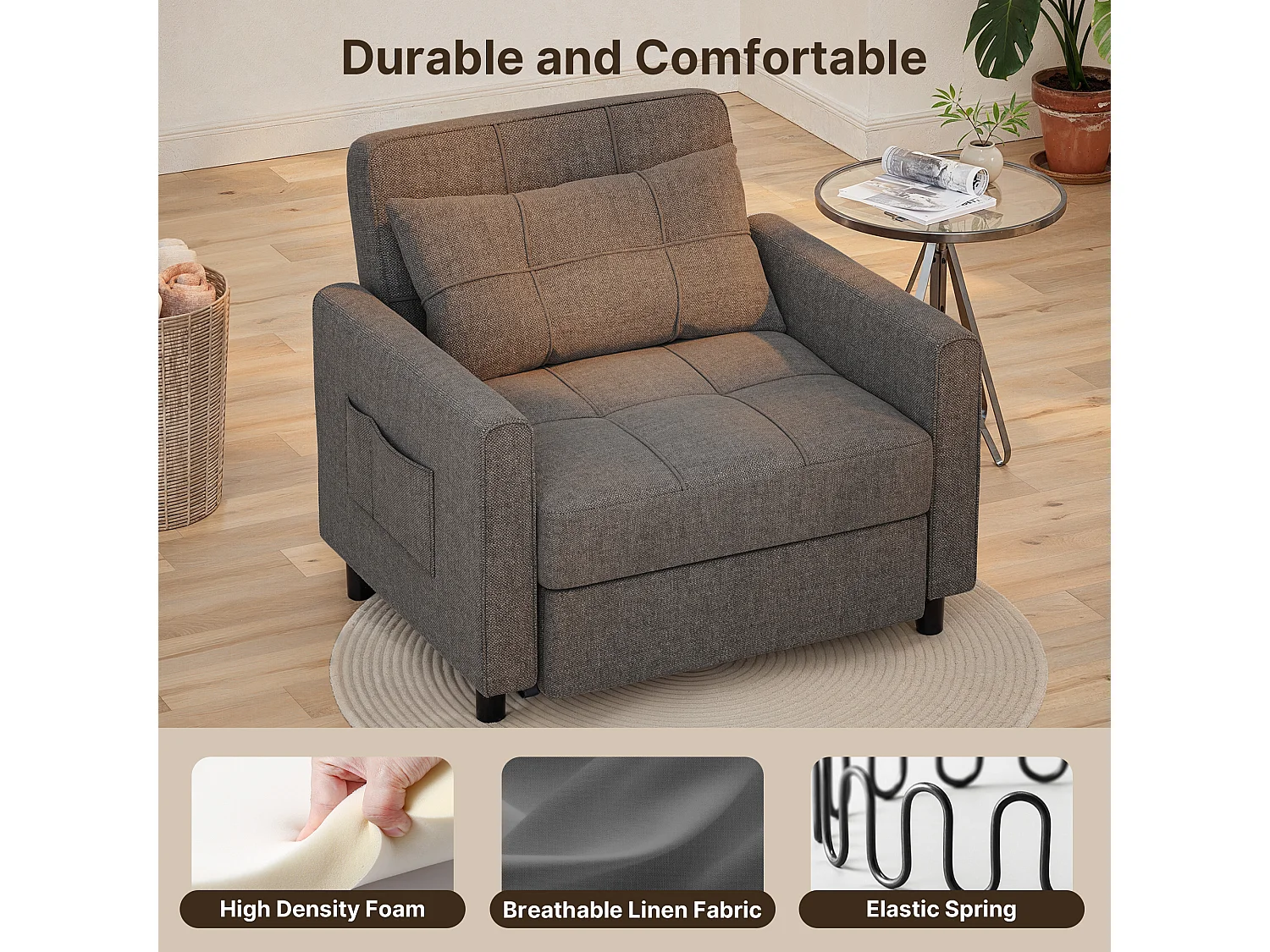 Bealife convertibele fauteuil, 1 - persoons slaapfauteuil, bank, ligstoel, verstelbaar kussen, opbergruimte, wielen, vouwbaar AR22 - D