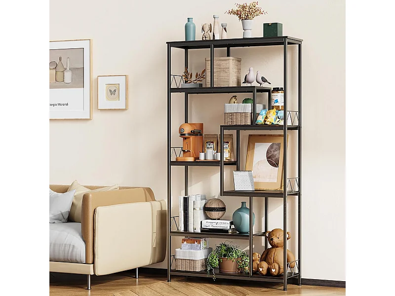 Bibliothèque Bealife Étagère de Rangement 7 Niveaux Cadre en Métal Pied Réglable 100 x 30 x 180 cm Noir