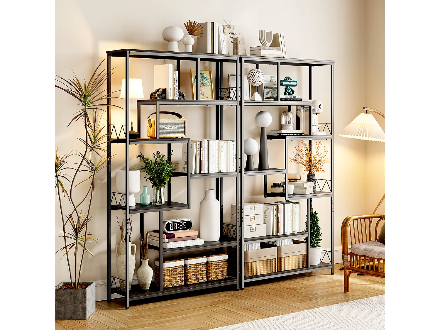 Bibliothèque Bealife Étagère de Rangement 7 Niveaux Cadre en Métal Pied Réglable 100 x 30 x 180 cm Noir