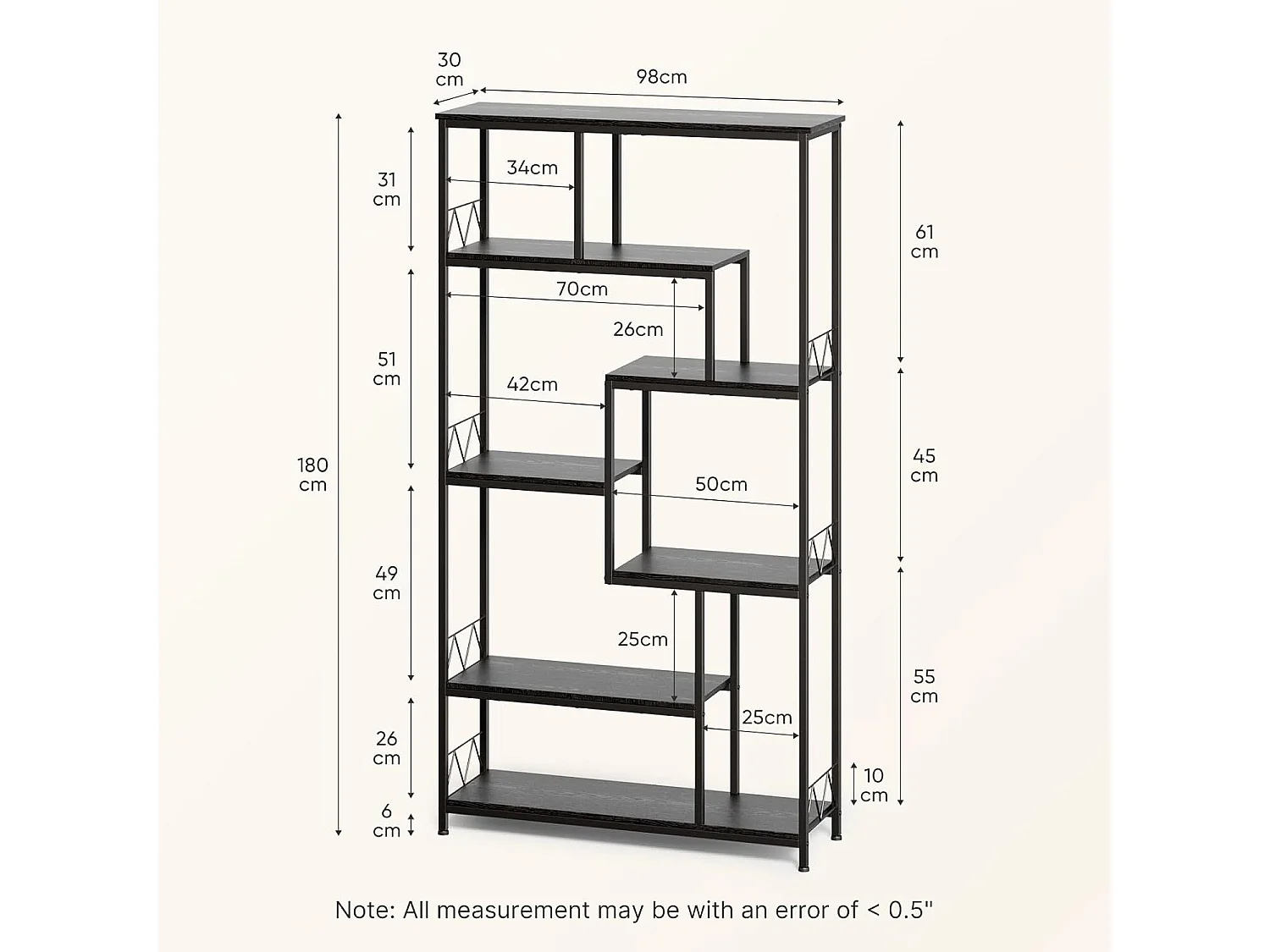 Bibliothèque Bealife Étagère de Rangement 7 Niveaux Cadre en Métal Pied Réglable 100 x 30 x 180 cm Noir
