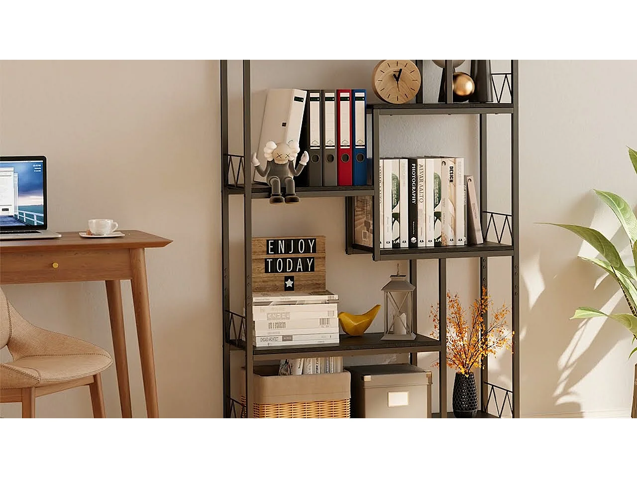 Bibliothèque Bealife Étagère de Rangement 7 Niveaux Cadre en Métal Pied Réglable 100 x 30 x 180 cm Noir