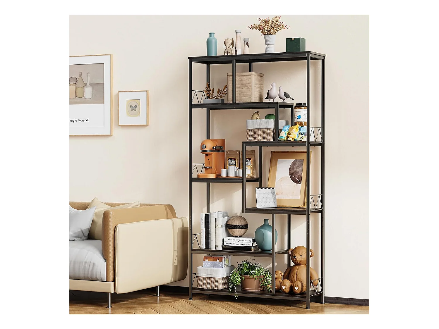 Bealife boekenkast, 7 - niveaus opberghoek, met metalen frame en verstelbare poten, 100 x 30 x 180 cm, zwart