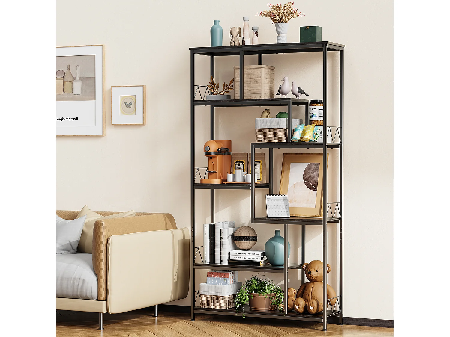 Bibliothèque Bealife Étagère de Rangement 7 Niveaux Cadre en Métal Pied Réglable 100 x 30 x 180 cm Noir