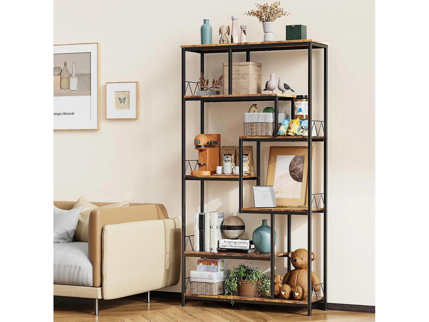 Bibliothèque Bealife Étagère de Rangement 7 Niveaux Cadre en Métal Pieds Réglable 100 x 30 x 180 cm Marron