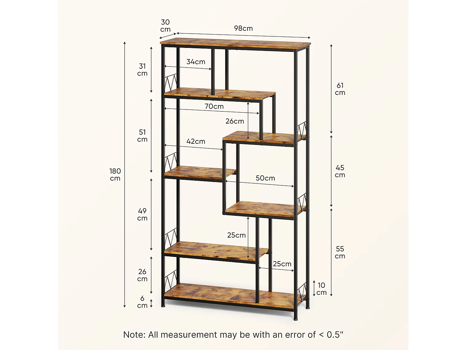 Bibliothèque Bealife Étagère de Rangement 7 Niveaux Cadre en Métal Pieds Réglable 100 x 30 x 180 cm Marron