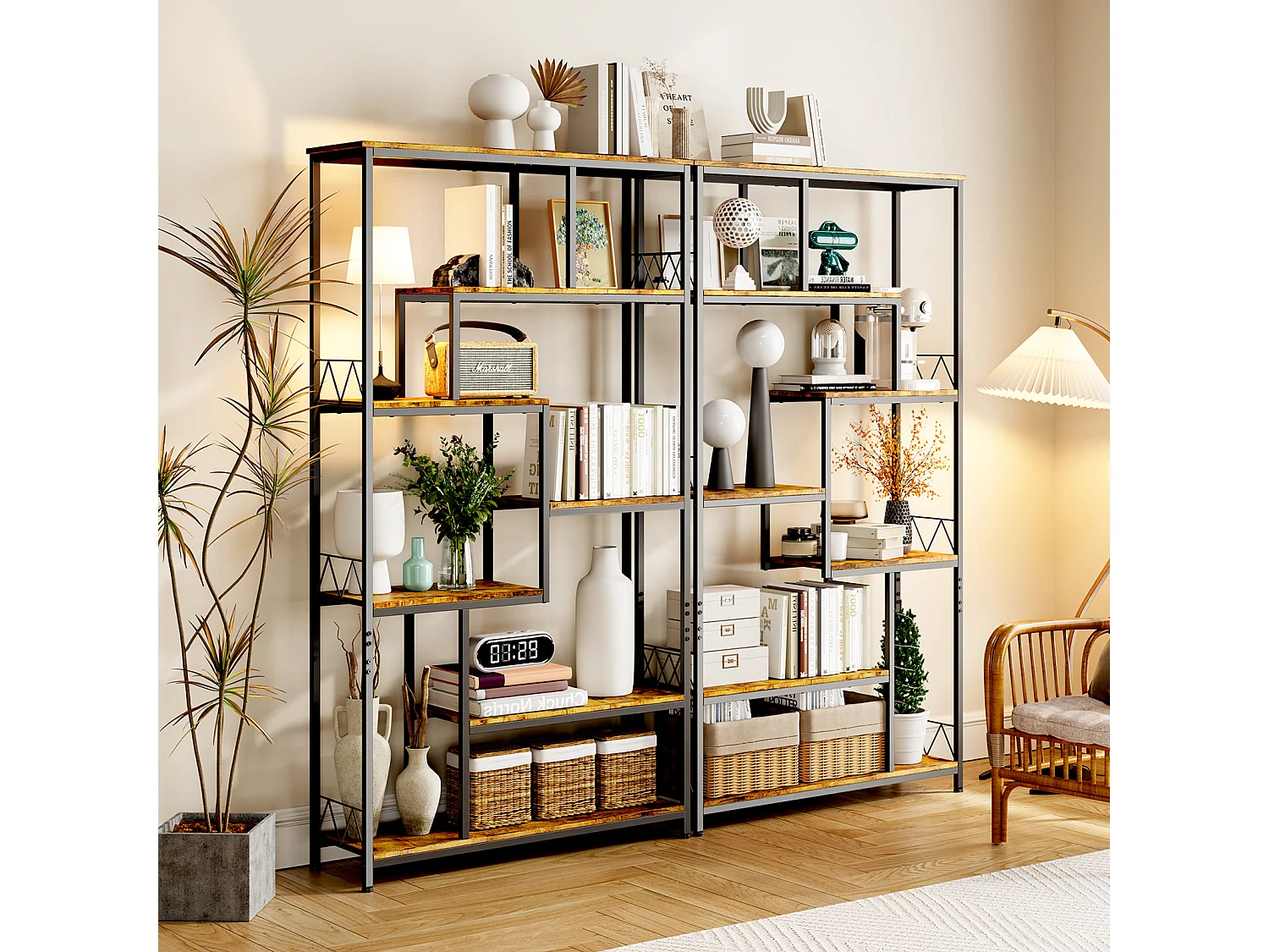 Bibliothèque Bealife Étagère de Rangement 7 Niveaux Cadre en Métal Pieds Réglable 100 x 30 x 180 cm Marron