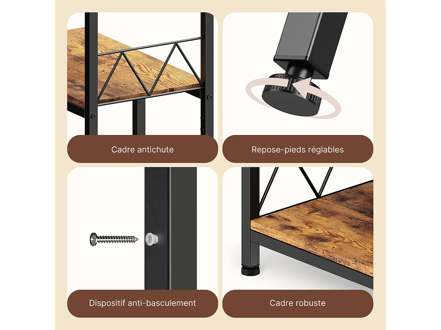 Bibliothèque Bealife Étagère de Rangement 7 Niveaux Cadre en Métal Pieds Réglable 100 x 30 x 180 cm Marron