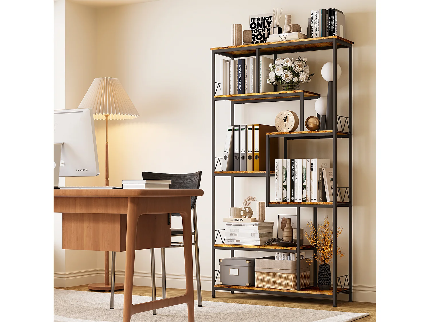 Bibliothèque Bealife Étagère de Rangement 7 Niveaux Cadre en Métal Pieds Réglable 100 x 30 x 180 cm Marron