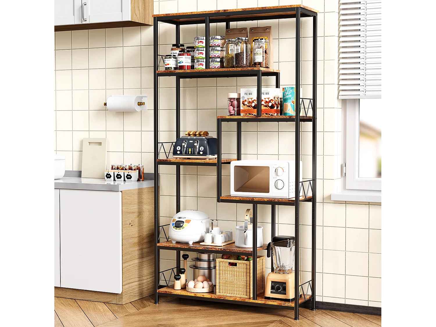 Bibliothèque Bealife Étagère de Rangement 7 Niveaux Cadre en Métal Pieds Réglable 100 x 30 x 180 cm Marron