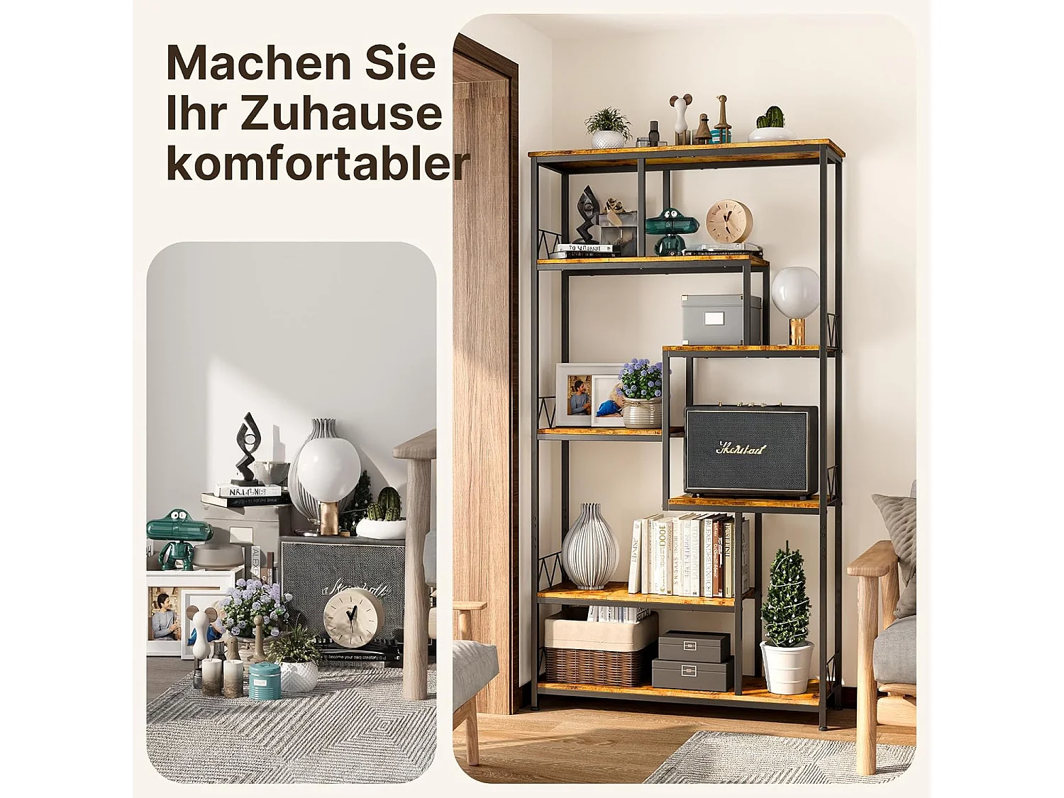 Bibliothèque Bealife Étagère de Rangement 7 Niveaux Cadre en Métal Pieds Réglable 100 x 30 x 180 cm Marron