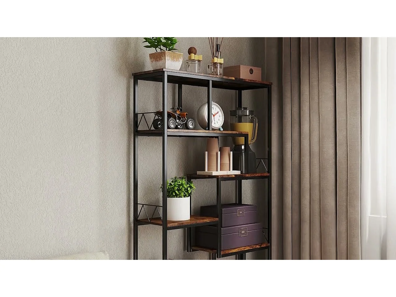 Bibliothèque Bealife Étagère de Rangement 7 Niveaux Cadre en Métal Pieds Réglable 100 x 30 x 180 cm Marron