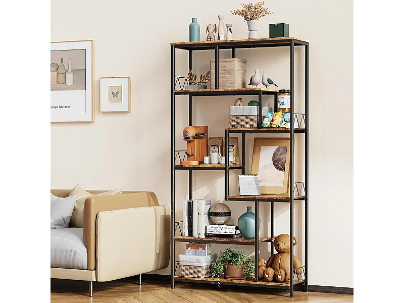 Bibliothèque Bealife Étagère de Rangement 7 Niveaux Cadre en Métal Pieds Réglable 100 x 30 x 180 cm Marron