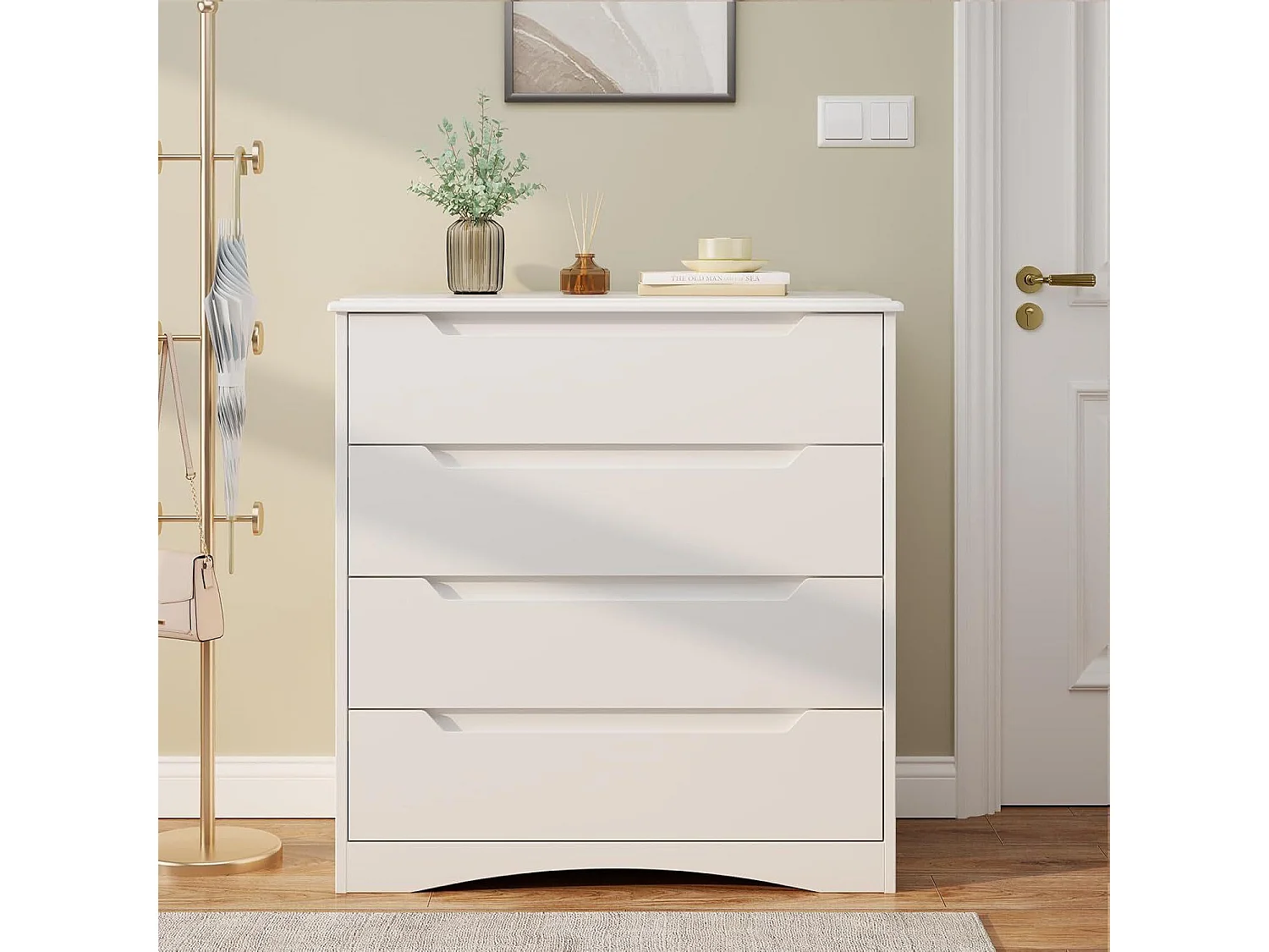 Commode Chambre Bealife 4 Tiroirs Meuble de Rangement Chambre Salon Porche Poignée Intégrée Dispositif Anti-trébuchement