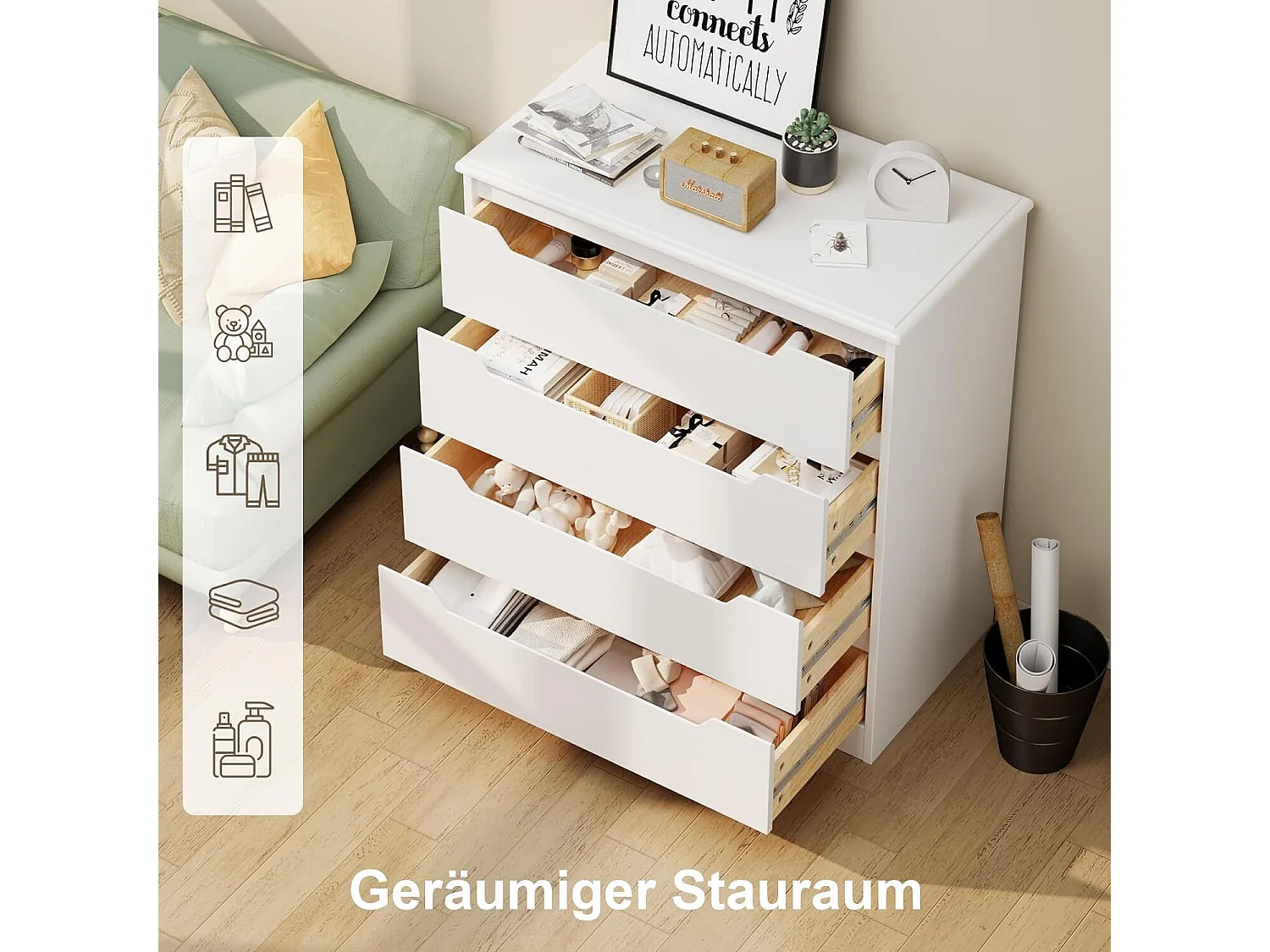 Commode Chambre Bealife 4 Tiroirs Meuble de Rangement Chambre Salon Porche Poignée Intégrée Dispositif Anti-trébuchement