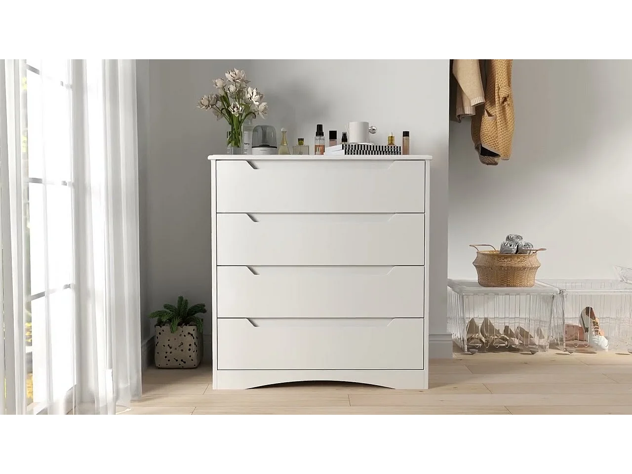 Commode Chambre Bealife 4 Tiroirs Meuble de Rangement Chambre Salon Porche Poignée Intégrée Dispositif Anti-trébuchement