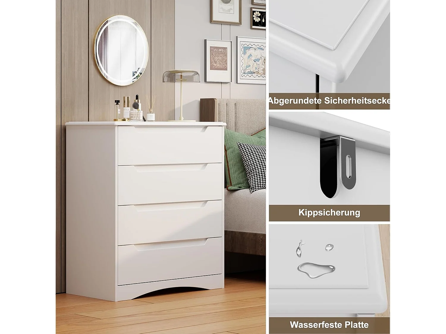 Commode Chambre Bealife 4 Tiroirs Meuble de Rangement Chambre Salon Porche Poignée Intégrée Dispositif Anti-trébuchement