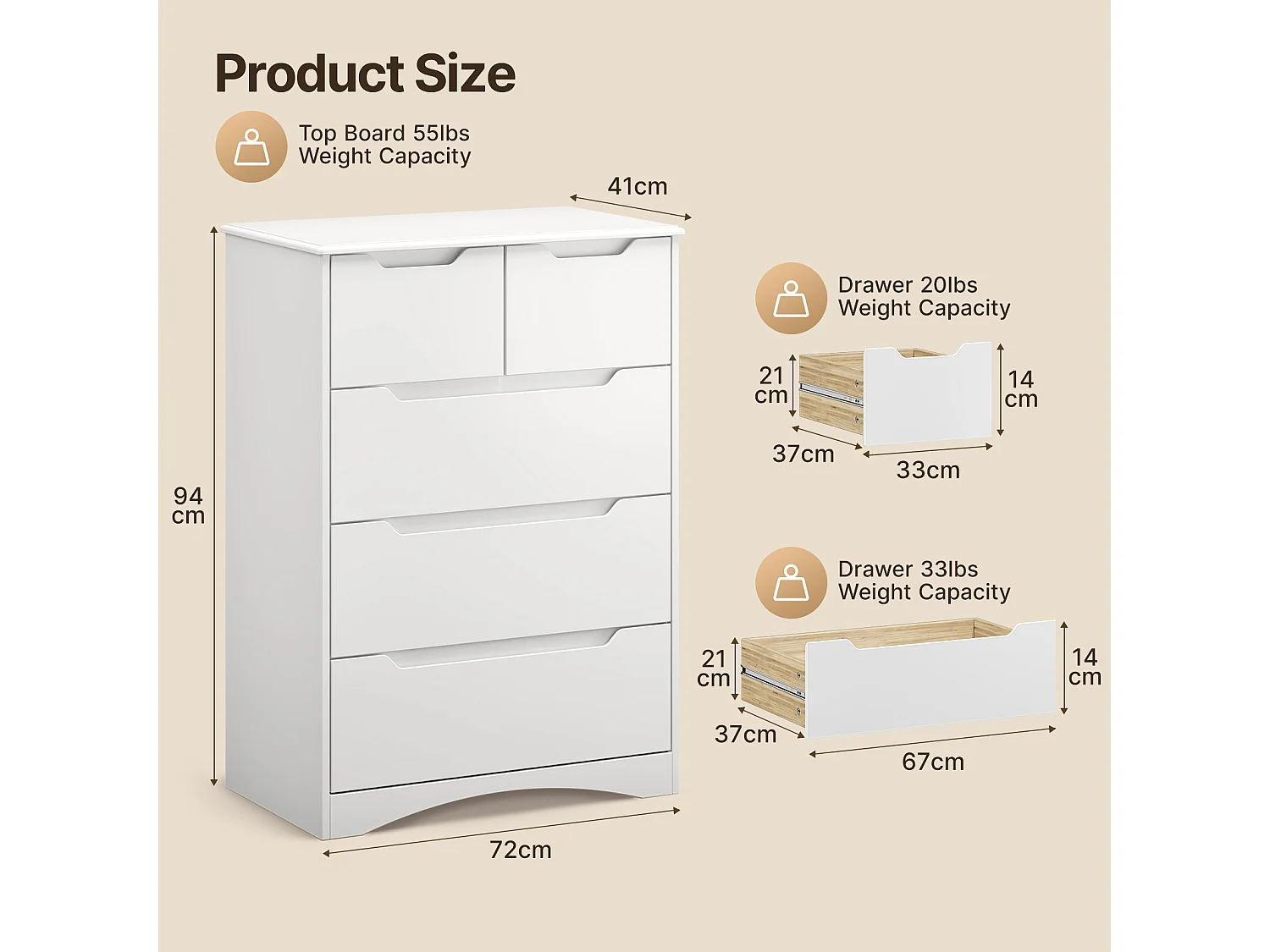 Commode Chambre Bealife 5 Tiroirs Meuble de Rangement Chambre Salon Porche Poignée Intégrée Dispositif Anti-trébuchement