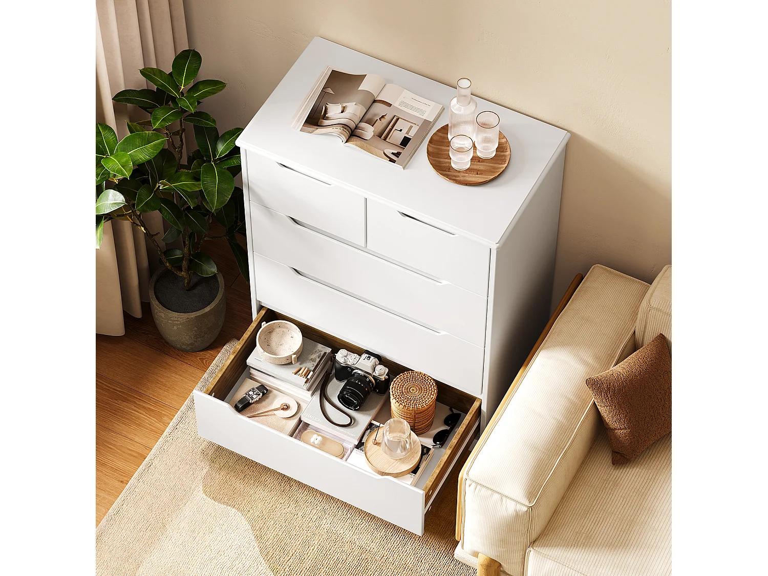 Commode Chambre Bealife 5 Tiroirs Meuble de Rangement Chambre Salon Porche Poignée Intégrée Dispositif Anti-trébuchement