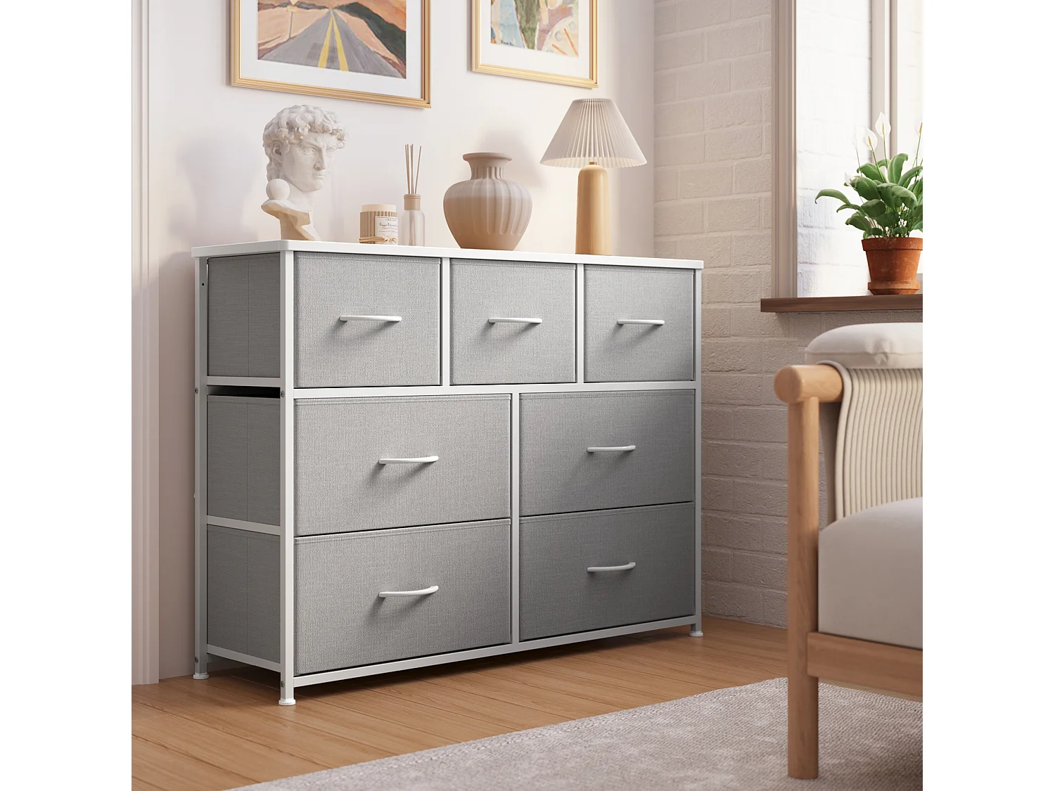 Commode de Chambre Bealife 7 Tiroirs en Tissu Cadre en Acier Pieds en Plastique Réglable Rangement Meuble Gris
