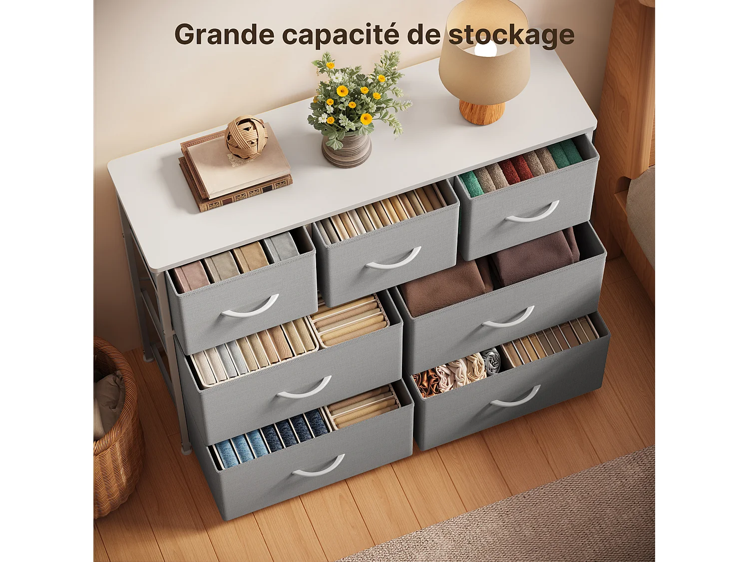 Commode de Chambre Bealife 7 Tiroirs en Tissu Cadre en Acier Pieds en Plastique Réglable Rangement Meuble Gris