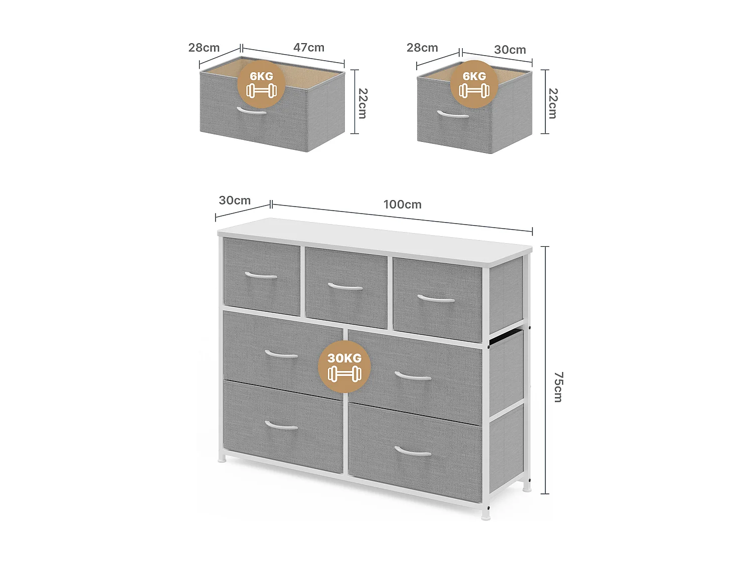 Commode de Chambre Bealife 7 Tiroirs en Tissu Cadre en Acier Pieds en Plastique Réglable Rangement Meuble Gris