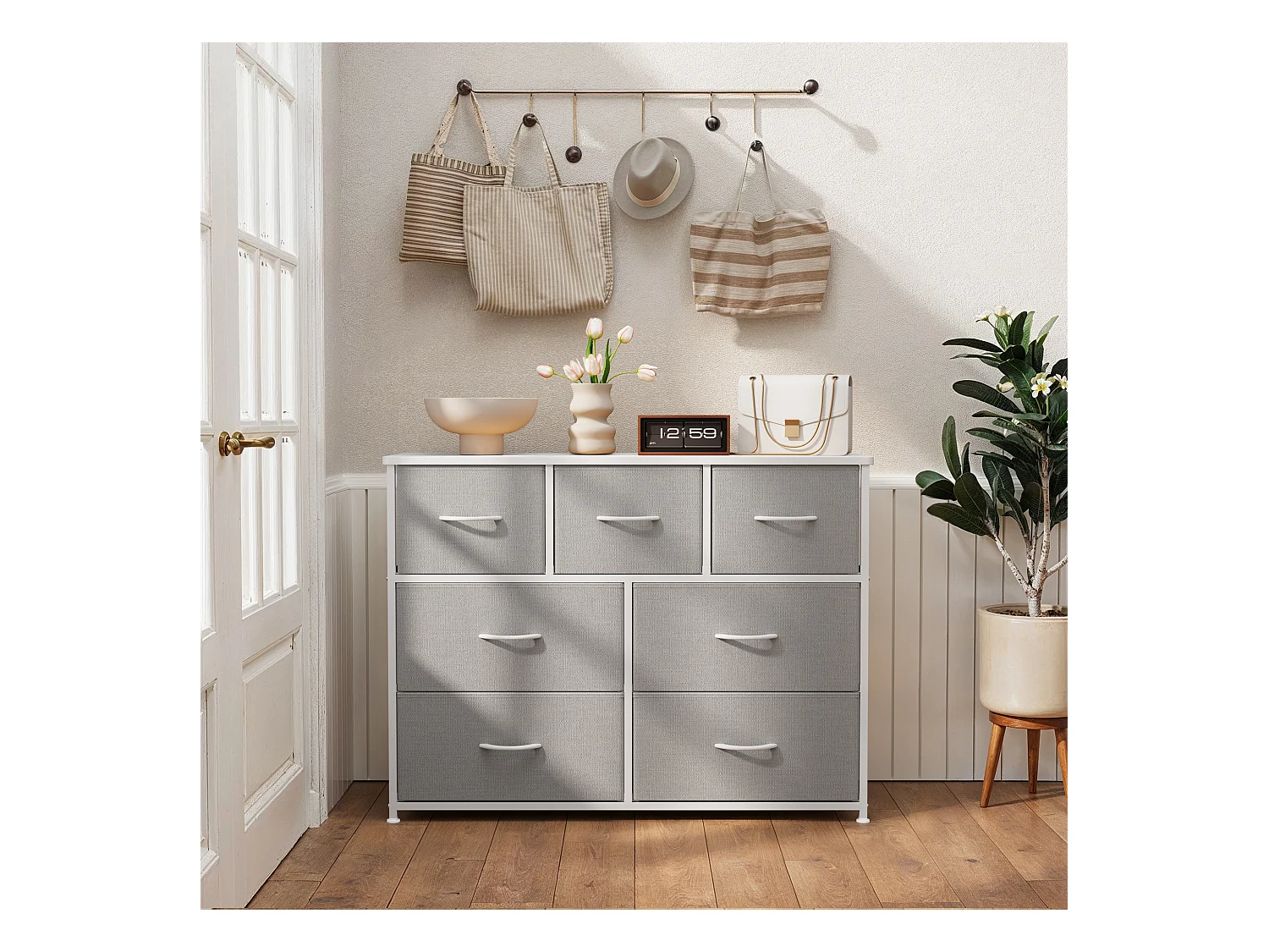 Commode de Chambre Bealife 7 Tiroirs en Tissu Cadre en Acier Pieds en Plastique Réglable Rangement Meuble Gris