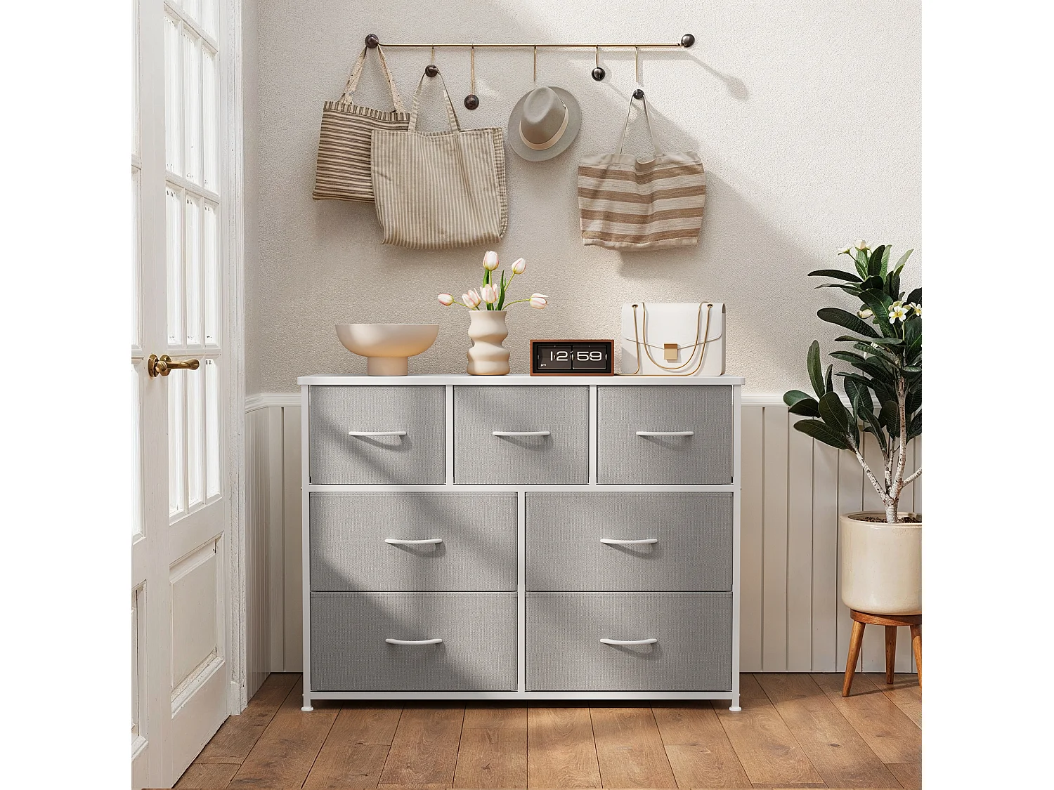 Commode de Chambre Bealife 7 Tiroirs en Tissu Cadre en Acier Pieds en Plastique Réglable Rangement Meuble Gris