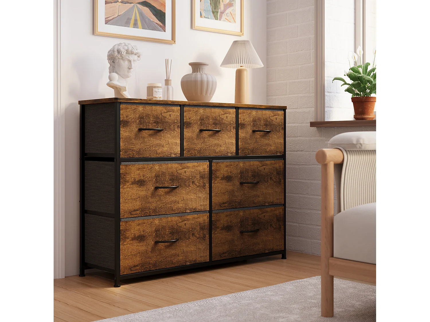 Commode de Chambre Bealife 7 Tiroirs en Tissu Cadre en Acier Pieds en Plastique Réglable Rangement Meuble Marron Vintage