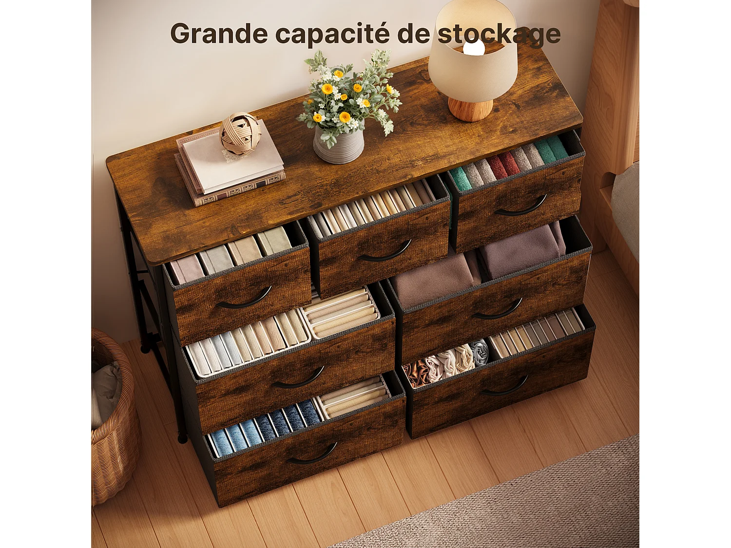 Commode de Chambre Bealife 7 Tiroirs en Tissu Cadre en Acier Pieds en Plastique Réglable Rangement Meuble Marron Vintage